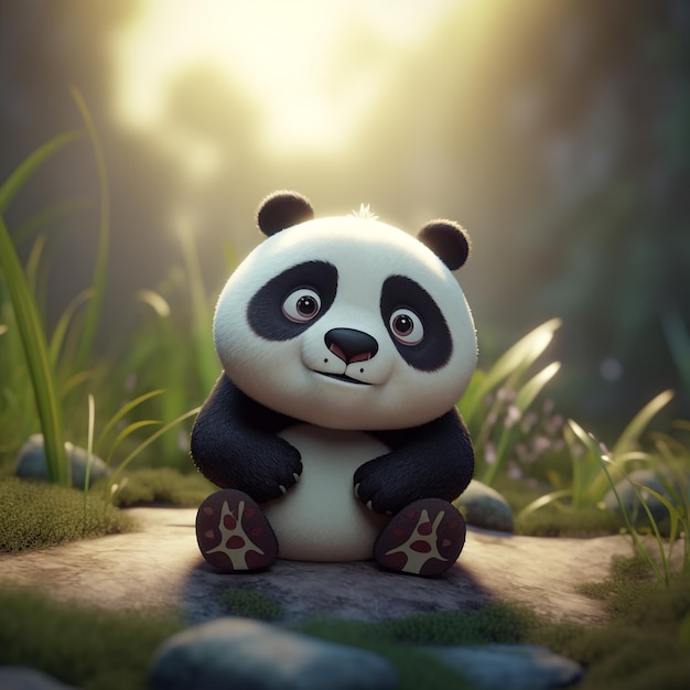 Un panda est assis sur un chemin dans une jungle.