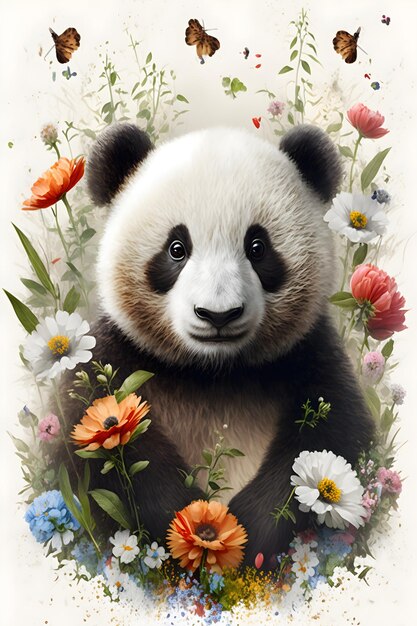 Un panda est assis dans un champ de fleurs