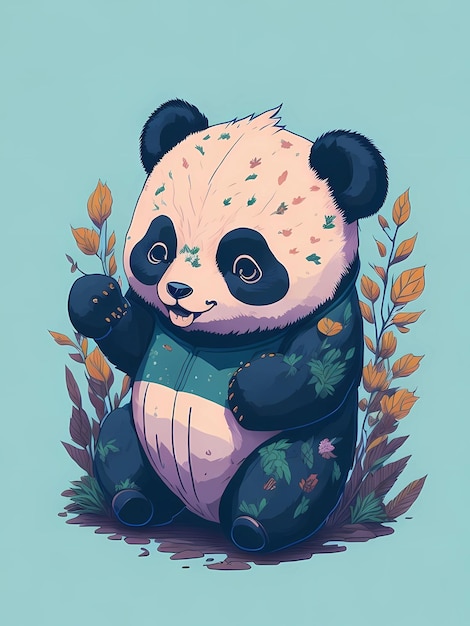 Un panda est assis dans un champ de fleurs.