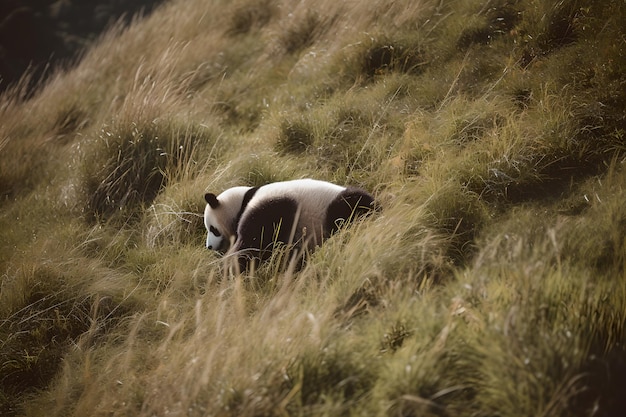 Un panda est assis dans un champ d'herbe