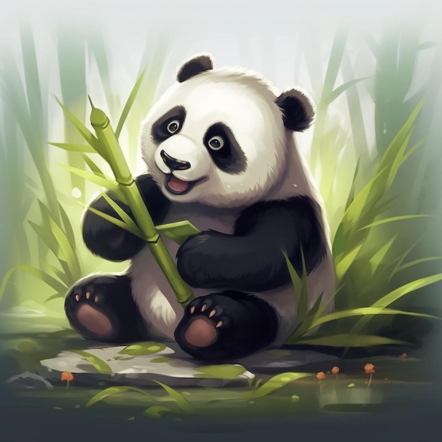 un panda est assis dans l'herbe avec un bambou en arrière-plan.