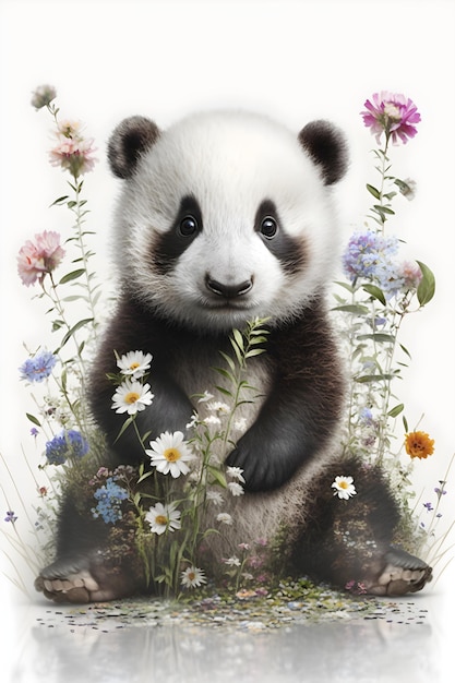 Un panda est assis dans un jardin fleuri.