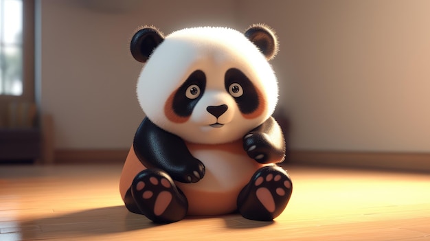 Un panda est assis par terre dans une pièce éclairée par une lumière.