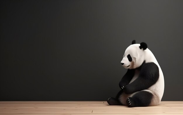 Un panda est assis par terre devant un tableau noir.