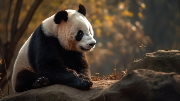 Un panda est assis sur un rocher dans une forêt.