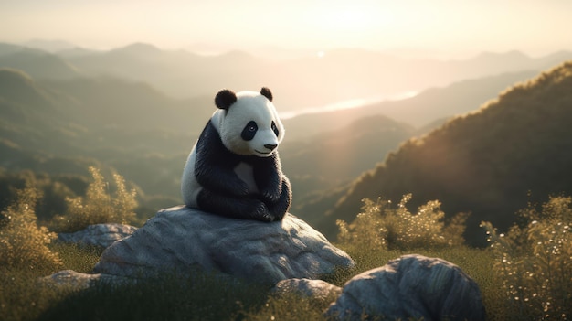 Un panda est assis sur un rocher dans un paysage de montagne.