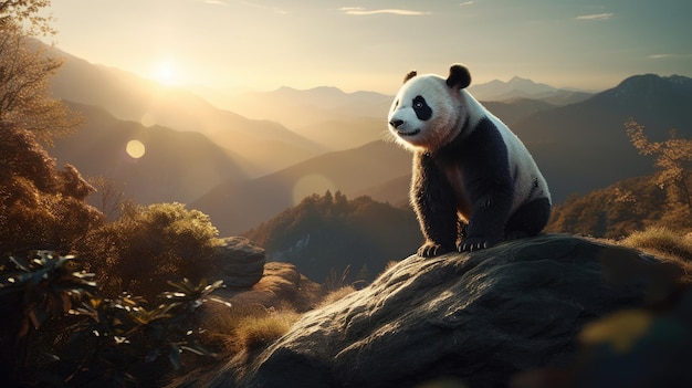 Un panda est assis sur un rocher devant un coucher de soleil.