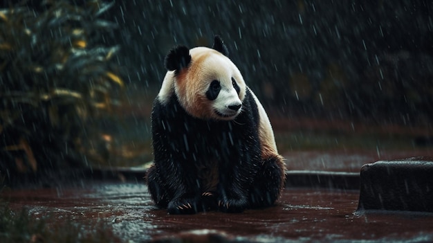 Un panda est assis sous la pluie sous la pluie