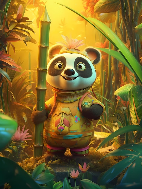 Un panda est debout dans une jungle avec un bambou en arrière-plan.