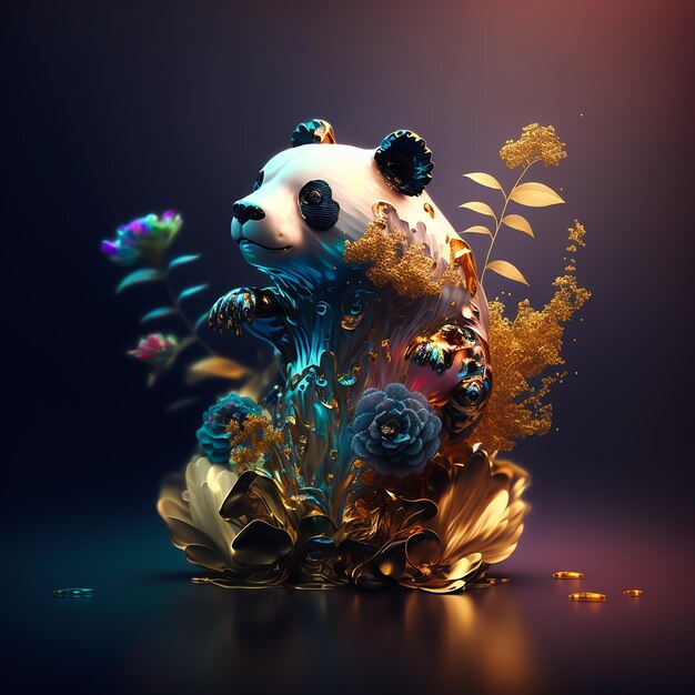 Un panda est entouré de fleurs et de feuilles
