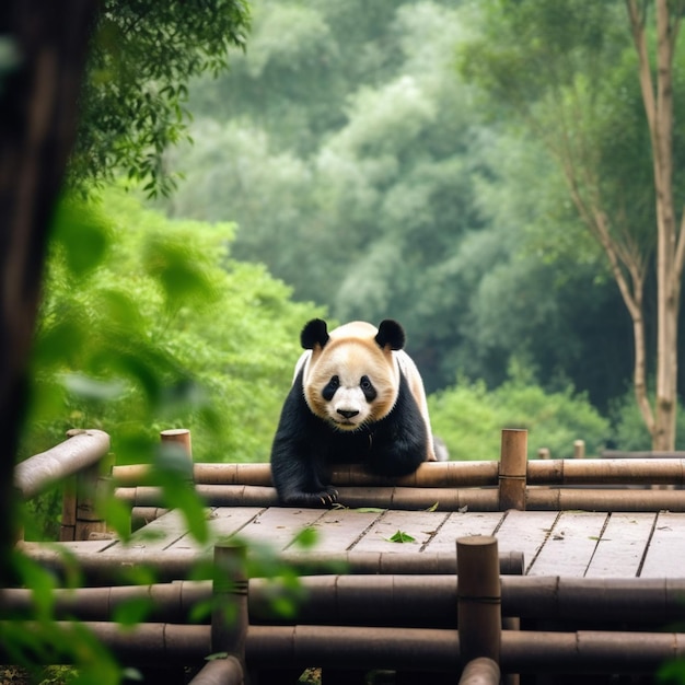 Un panda est sur une plate-forme en bois dans une forêt.