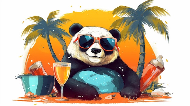 Le panda est vu confortablement allongé sur une serviette de plage aux couleurs vives et arborant des lunettes de soleil élégantes qui ajoutent un air de fraîcheur à son comportement. Dans une patte, le panda tient une petite boisson tropicale colorée.
