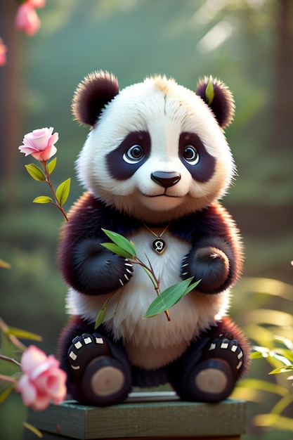 un panda avec une fleur dans les mains