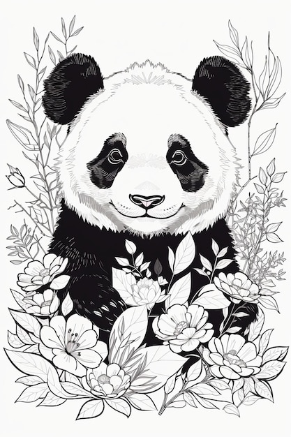 Un panda avec des fleurs en arrière-plan