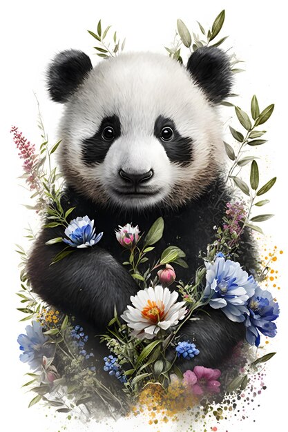 Un panda avec des fleurs dessus