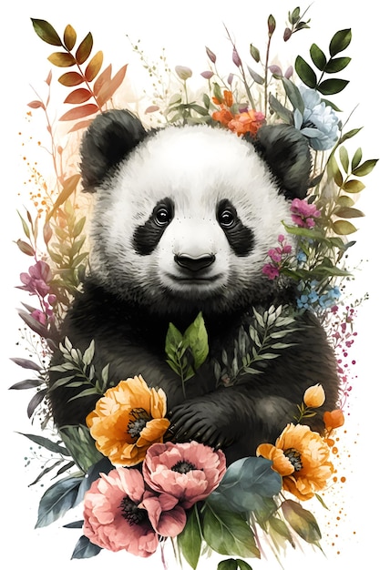 Un panda avec des fleurs et des feuilles