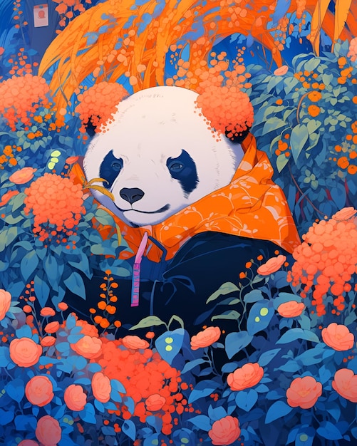 Le panda avec des fleurs vibrantes