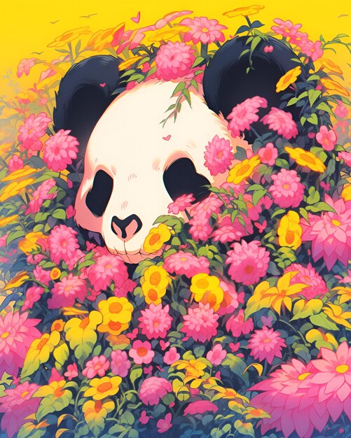 Le panda avec des fleurs vibrantes