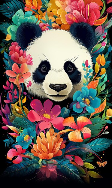 Un panda floral coloré sur une affiche abstraite d'art naïf