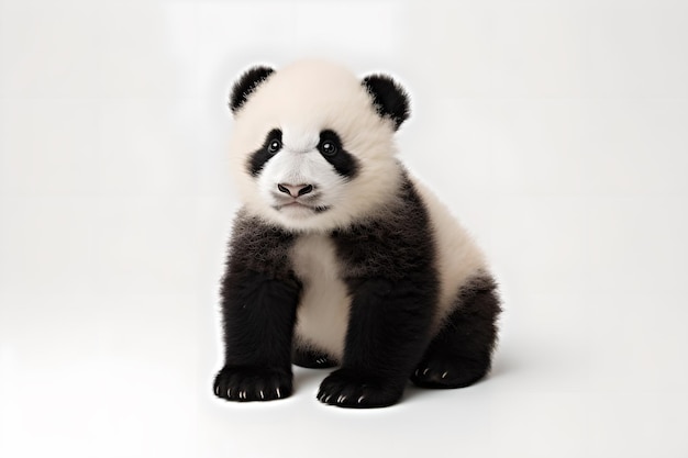 Un panda avec une fourrure noire et blanche et un nez noir est assis sur un fond blanc.