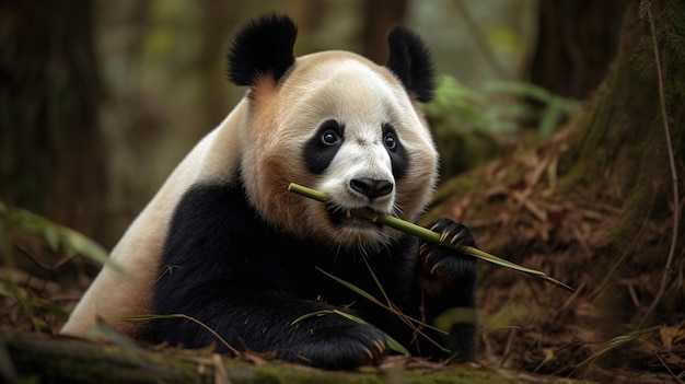 Un panda géant mange du bambou dans une forêt.