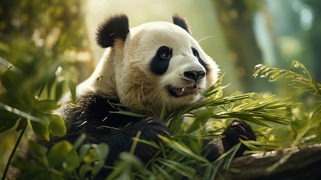 Le panda géant mange du bambou.