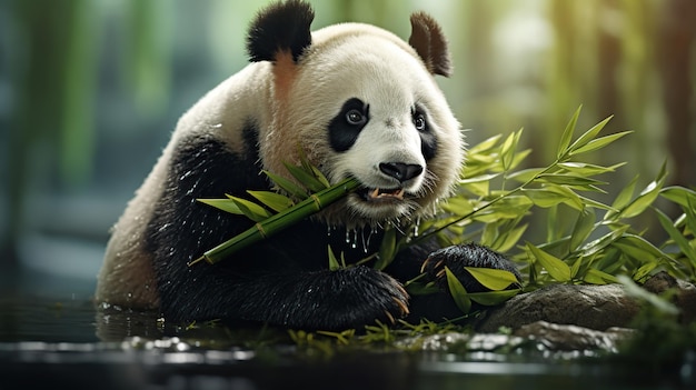 Le panda géant mange du bambou.