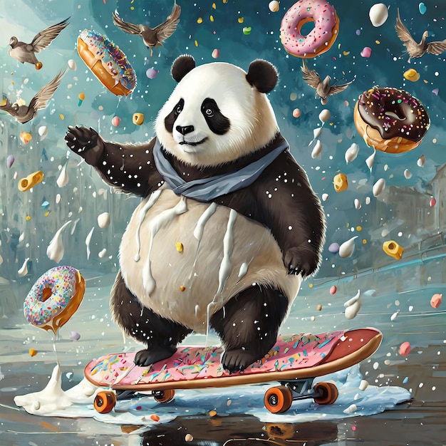 Un panda gras sur une planche à roulettes Il pleut du lait et des beignets
