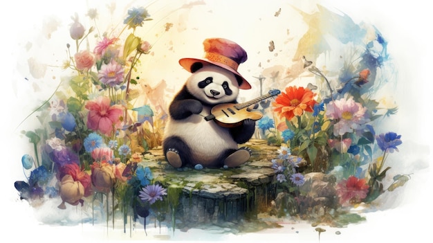 un panda jouant de la guitare dans un champ de fleurs.