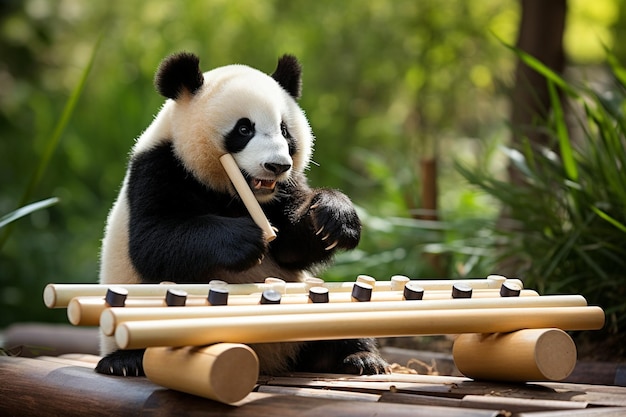 Photo un panda jouant un jeu d'échecs avec une flûte