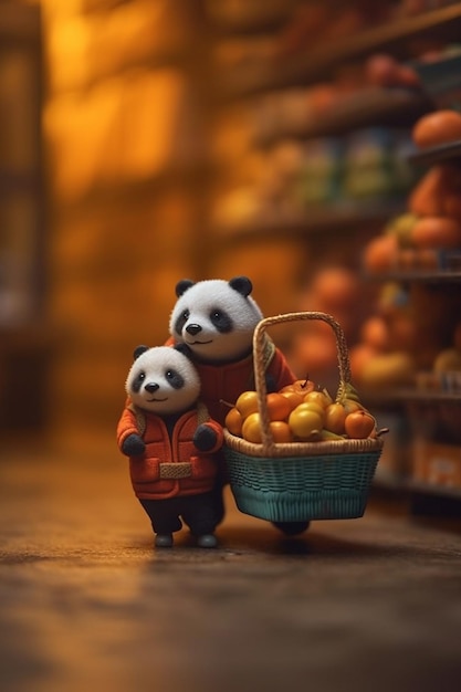 Un panda jouet avec un panier d'oranges