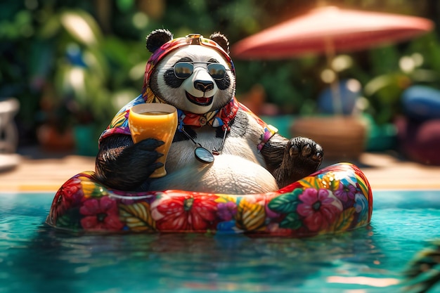 Un panda joyeux portant une chemise hawaïenne et des lunettes de soleil se détendant sur un flotteur de piscine avec une boisson fruitée à la main et un gros rire du ventre