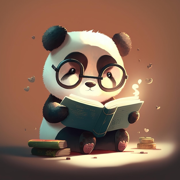 Un panda lit un livre avec un livre dessus.