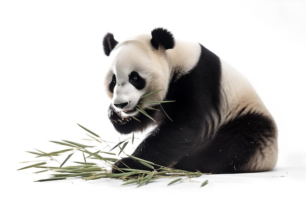 Un panda mange de l'herbe devant un fond blanc