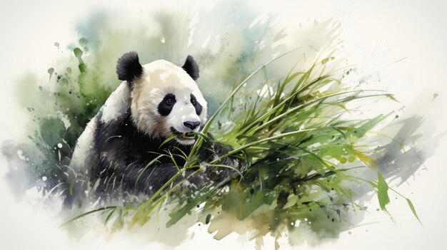 Photo un panda mangeant de l'aquarelle de bambou papier texturé tons frais ai génératif