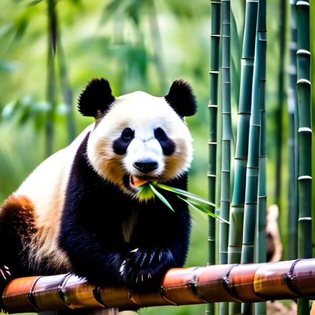 Un panda mangeant du bambou dans une forêt tropicale