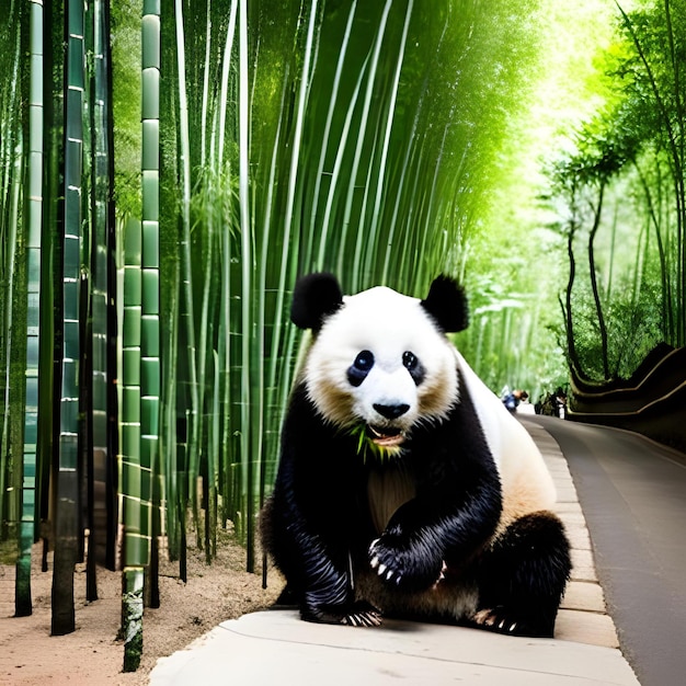 Un panda mangeant du bambou dans une forêt tropicale