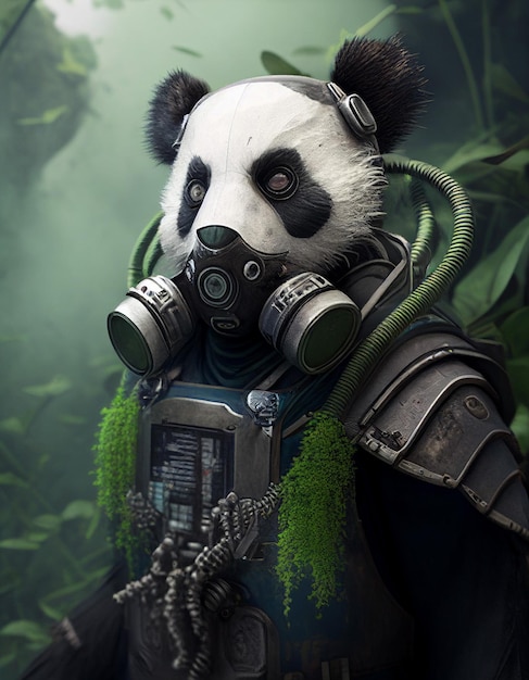 Un panda avec un masque à gaz et un masque