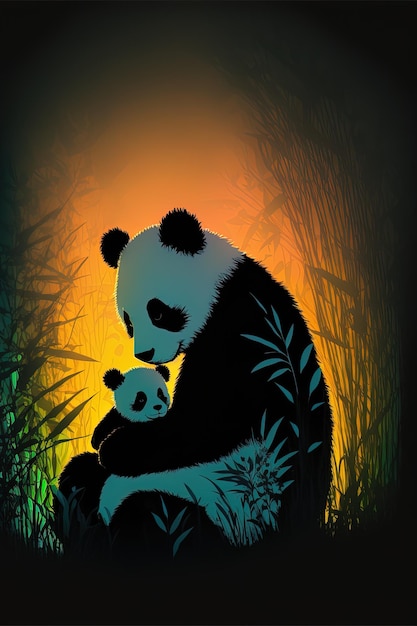 Panda mère et bébé dans la forêt la nuit illustration d'art numérique