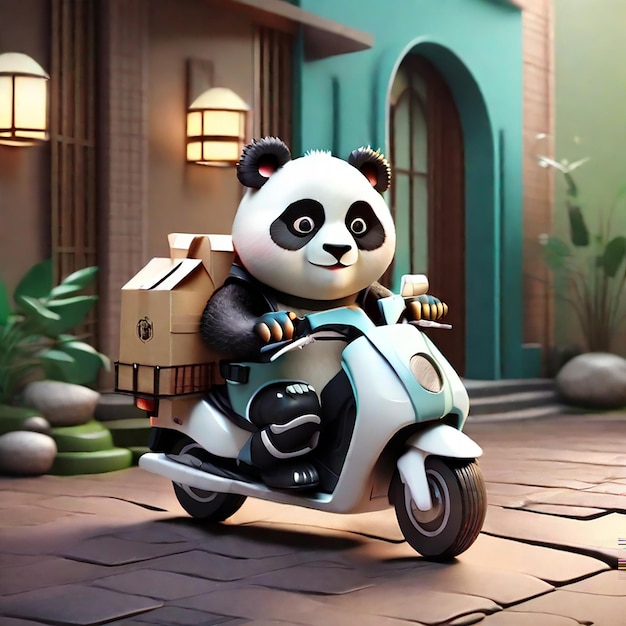 Panda mignon 3D chevauchant une livraison de moto générée par l'IA