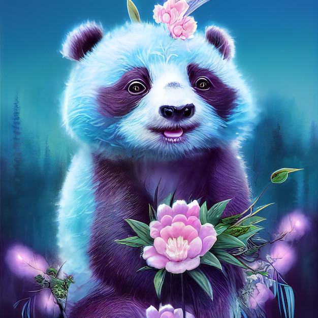 panda mignon assis sur une illustration de fleurs violettes