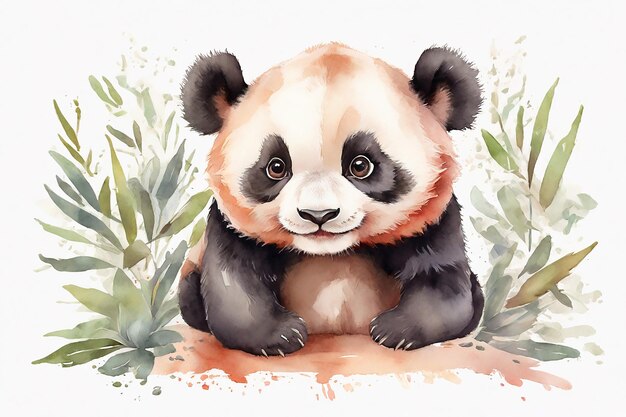 Photo un panda mignon assis sur le sol illustration à l'aquarelle