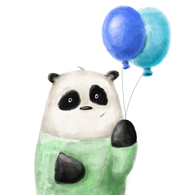 panda mignon avec des ballons, clipart de personnage de dessin animé, carte d'anniversaire, conception de vacances