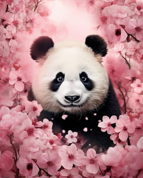 Panda mignon dans le cadre de fleurs de sakura conception de carte de voeux de vacances créative concept de Saint-Valentin