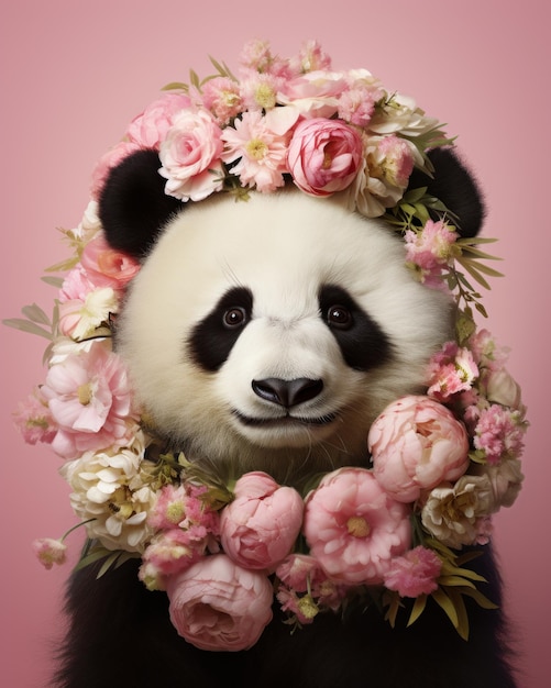 Panda mignon dans le cadre de fleurs de sakura conception de carte de voeux de vacances créative concept de Saint-Valentin
