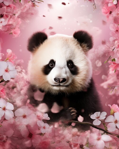 Le panda mignon dans le cadre de fleurs de sakura est un design de carte de vœux créatif pour la fête de la Saint-Valentin.