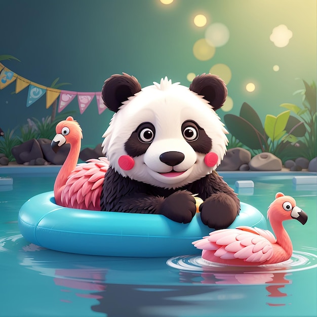 Panda mignon avec des pneus Flamingo Iconne vectorielle de dessin animé Illustration Iconne fériée d'animal Concept isolé Vector plat de dessin dessin.