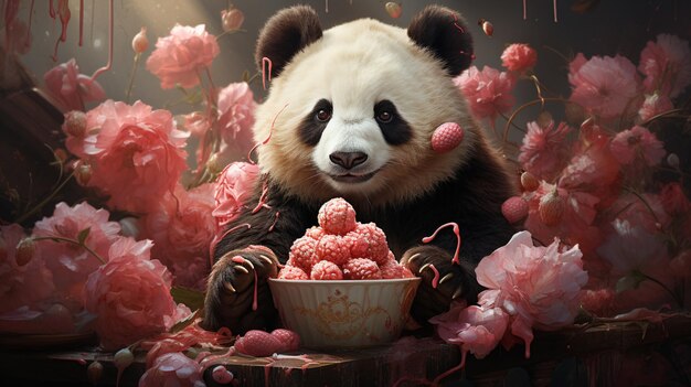 Photo un panda mignon qui mange de la crème glacée