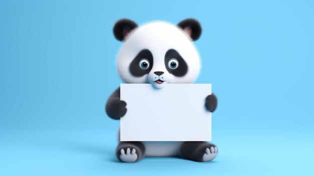 Un panda mignon tenant un panneau blanc sur un fond bleu