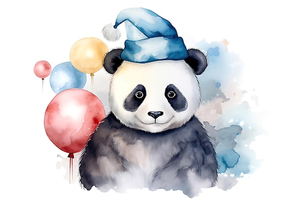 Panda de Noël en chapeau de Père Noël avec des décorations de Noël sur fond blanc Image générée par l'IA post-traitée